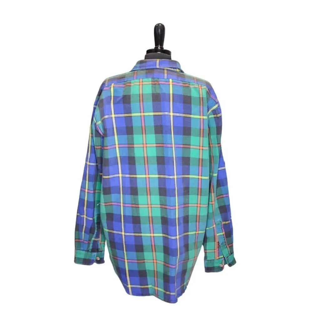 Polo Ralph Lauren Plaid Cotton Denim Button Down Shirt Top Blue Green